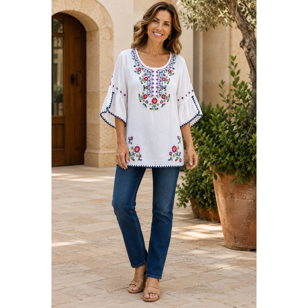 AshirAle Tunic Blouse Womens XL White Cotton Floral Embroidered Boho Peasant Top